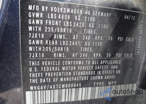 2012 Volkswagen Tiguan Se from USA, damaged, VIN WVGAV7AX7CW600845